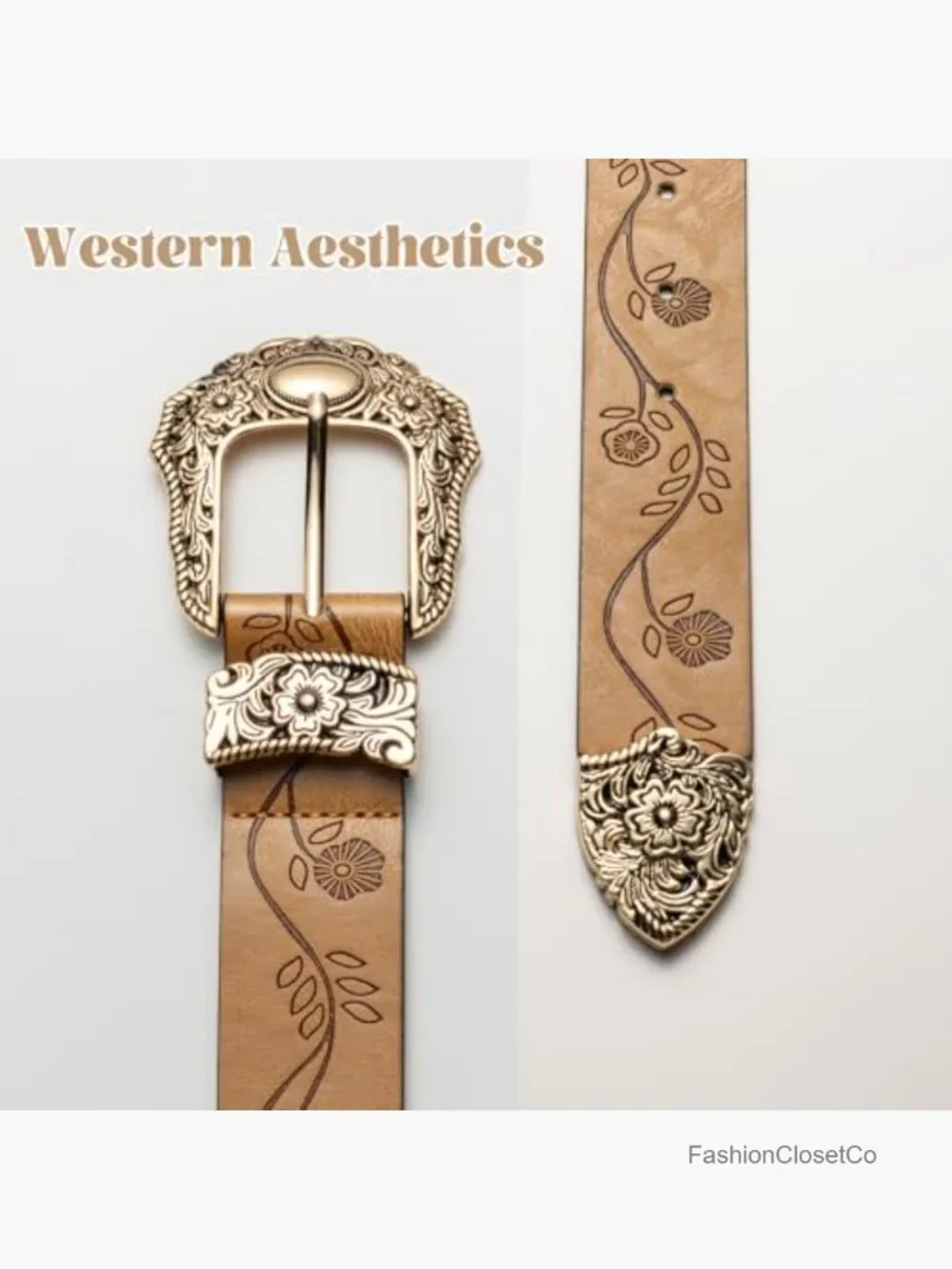 Vintage Women's Western Belt Adjustable PU Leather with Floral Pattern Buckle